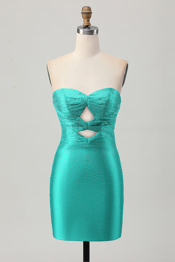 Sparkly Fuchsia Sweetheart Tight Short Beaded Prom Dress with Keyholes
