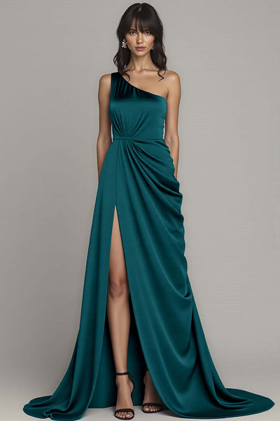 Satin Peacock A Line One Shoulder Maxi Formal Dress with Slit