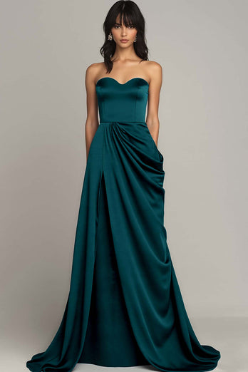 Peacock Satin A Line Strapless Maxi Formal Dress with Slit