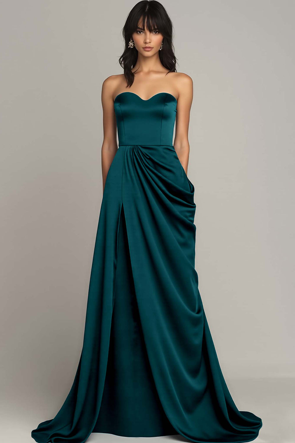 Peacock Satin A Line Strapless Maxi Formal Dress with Slit