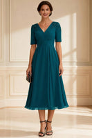 Load image into Gallery viewer, V-Neck Navy A-Line Midi Mother of the Bride Dress