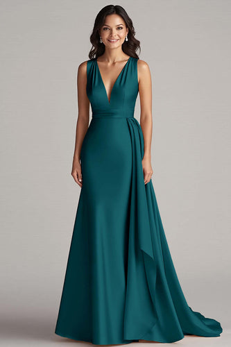 Peacock Mermaid Deep V-Neck Maxi Satin Formal Dress
