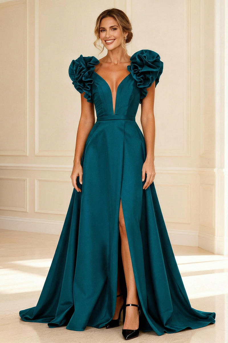 Load image into Gallery viewer, Black V-Neck A-Line Long Mother of the Bride Dress with Ruffles