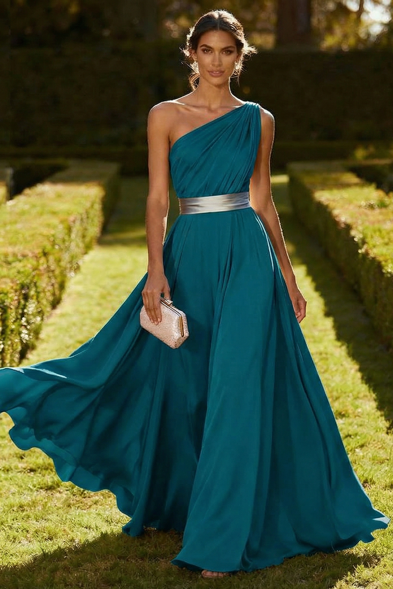 Load image into Gallery viewer, Olive Chiffon One Shoulder Ruched Long Formal Dress