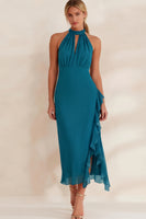 Load image into Gallery viewer, Navy Chiffon Ruffled Halter Ankle Length Work Dress with Slit