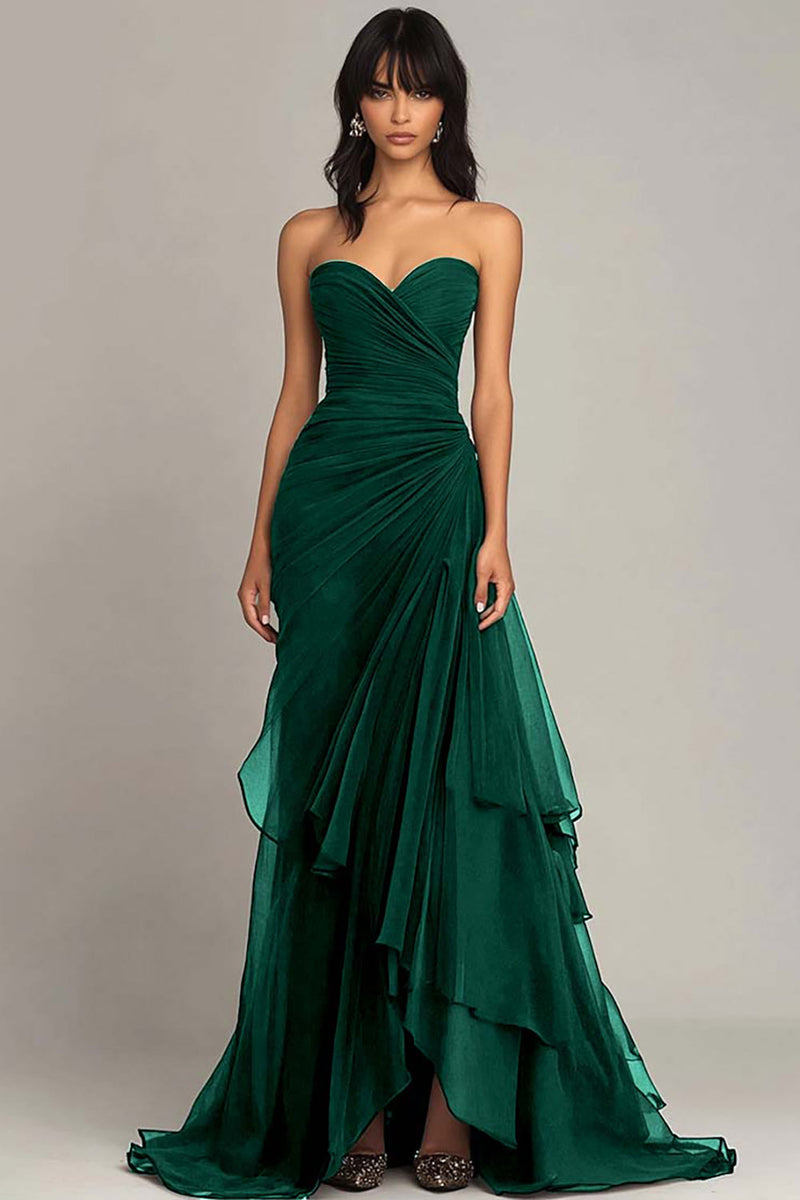 Load image into Gallery viewer, Women Wedding Guest Dress Pine Chiffon Formal Dress Sheath Sweetheart Tiered Ruched Long Evening Dress
