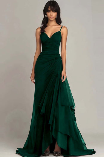 Ink Blue Sheath Chiffon Long Formal Dress with Ruffles