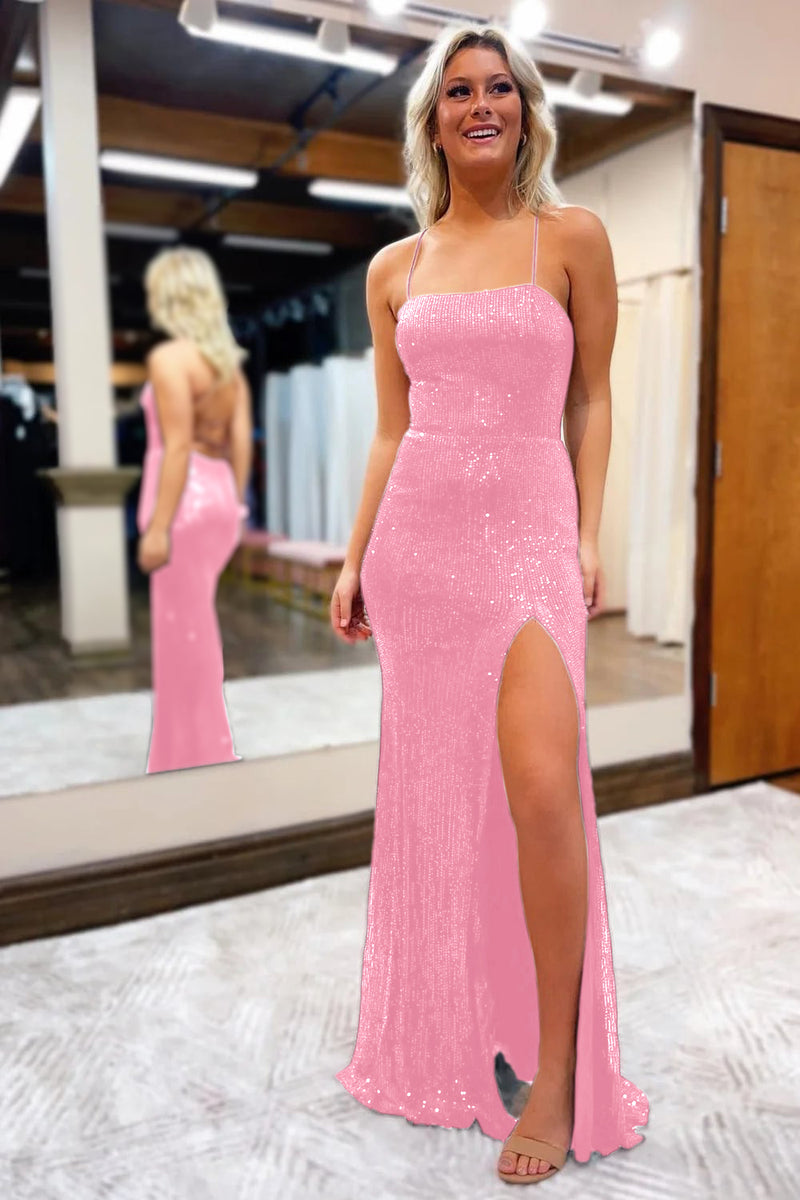 Load image into Gallery viewer, Sequins Spaghetti Straps Sheath Golden Prom Dress with Slit