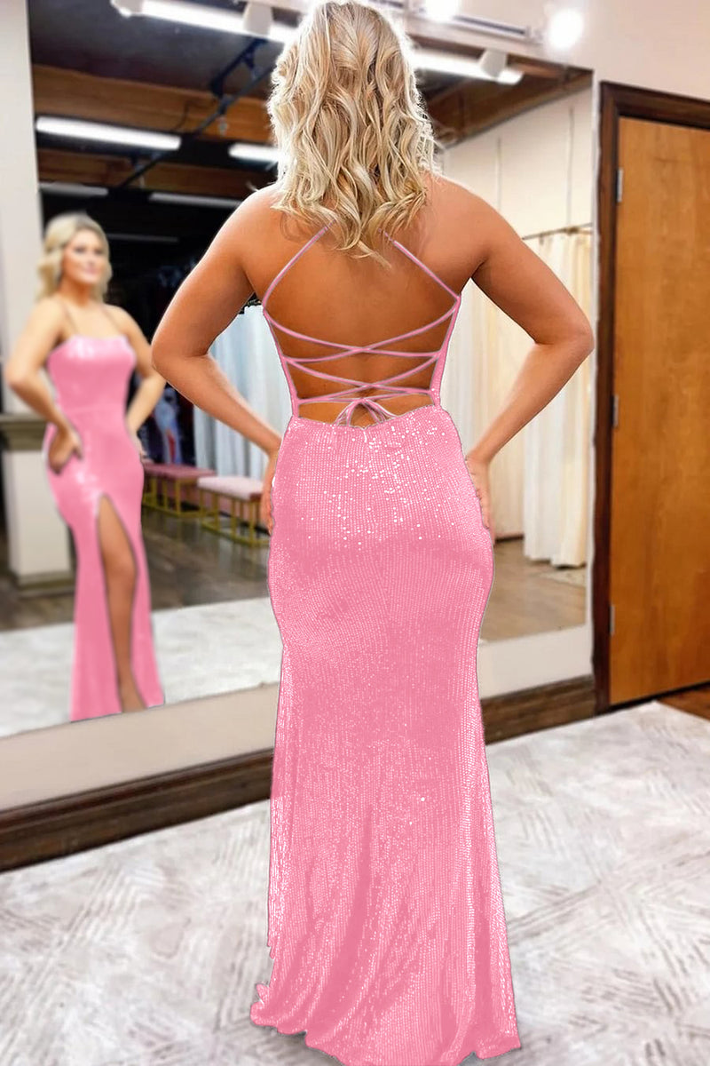 Load image into Gallery viewer, Sequins Spaghetti Straps Sheath Golden Prom Dress with Slit