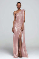 Load image into Gallery viewer, Sparkly Gold Mermaid One Shoulder Metallic Long Formal Dress with Slit