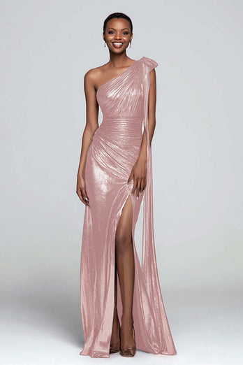 Sparkly Gold Mermaid One Shoulder Metallic Long Formal Dress with Slit