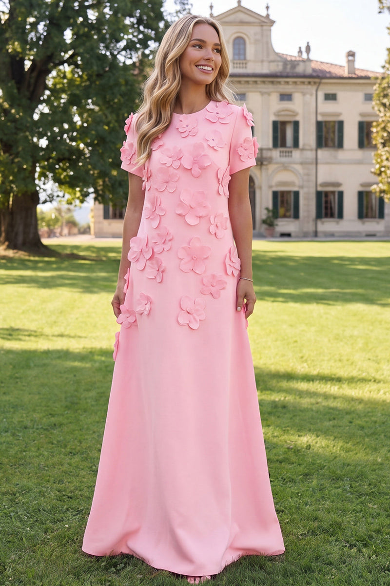 Load image into Gallery viewer, Round Neck Blue Floral A Line Long Formal Dress with Sleeves