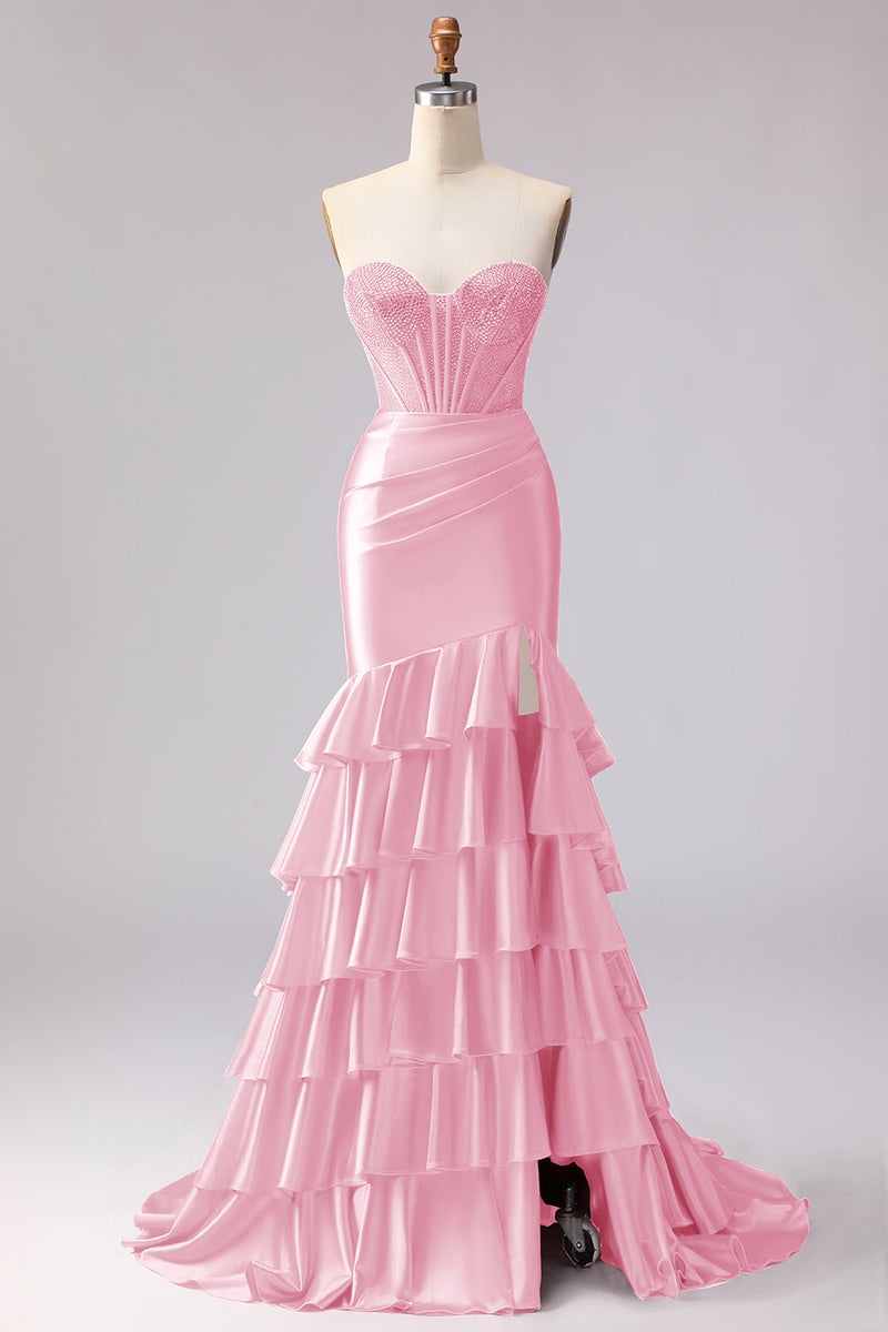 Load image into Gallery viewer, Red Satin Ruffled Mermaid Long Corset Prom Dress with Slit