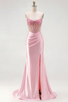 Load image into Gallery viewer, Sparkly Red Mermaid Satin Beaded Long Corset Prom Dress with Slit