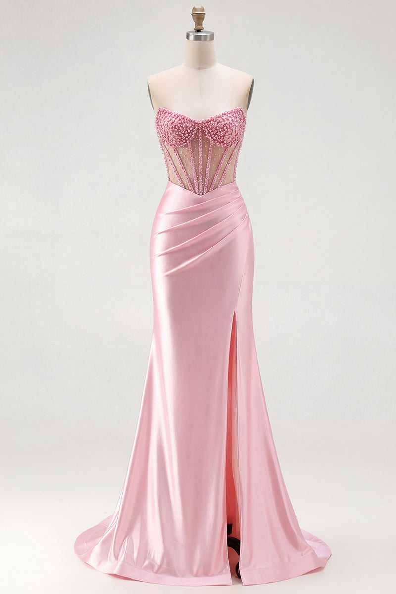 Load image into Gallery viewer, Sparkly Red Mermaid Satin Beaded Long Corset Prom Dress with Slit