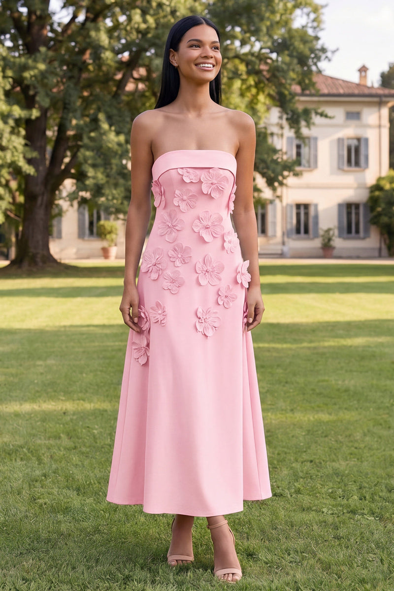 Load image into Gallery viewer, Blue A Line Floral Strapless Maxi Formal Dress