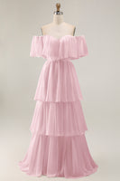 Load image into Gallery viewer, White Chiffon Off the Shoulder Tiered Boho Sweep Train Wedding Dress