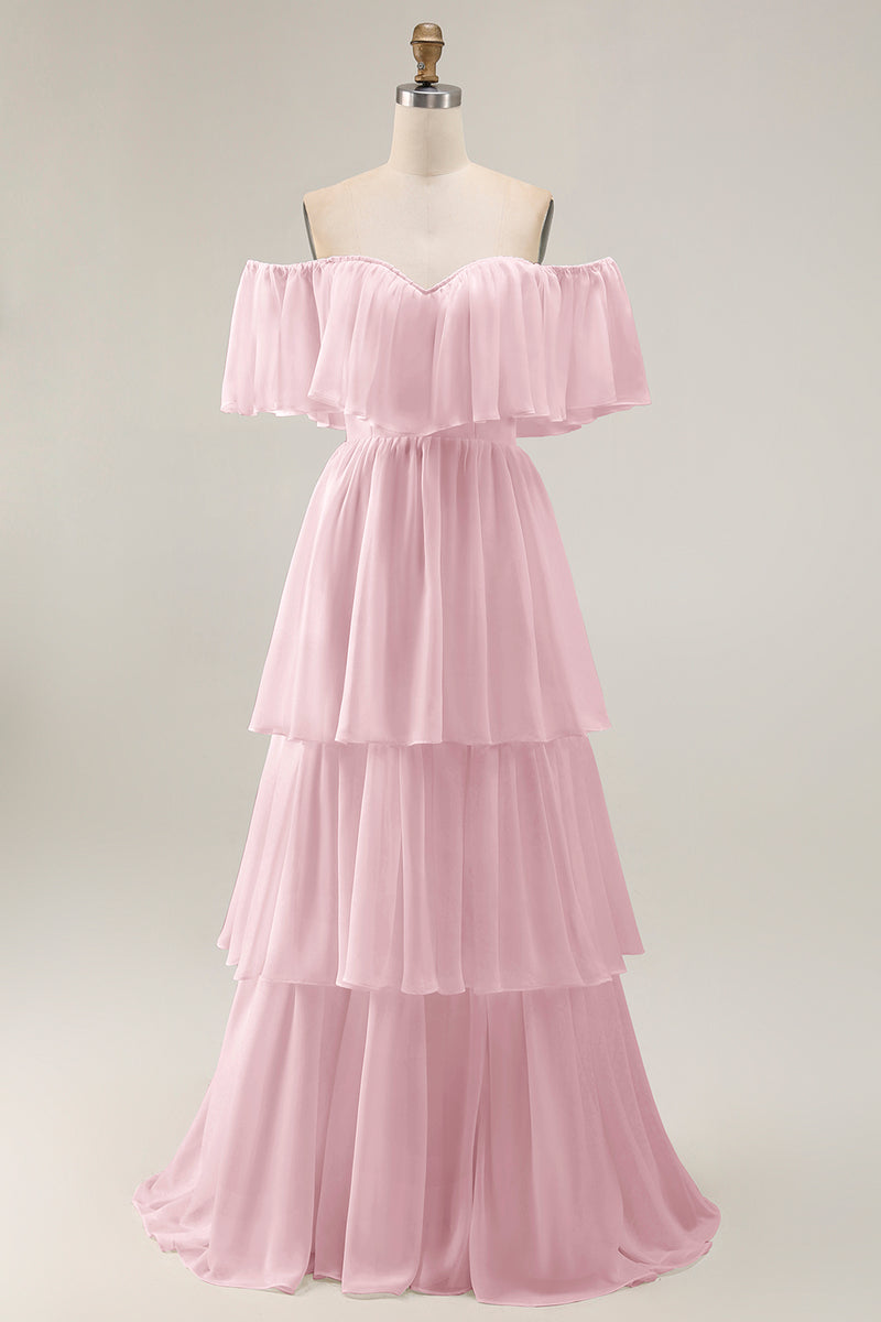 Load image into Gallery viewer, White Chiffon Off the Shoulder Tiered Boho Sweep Train Wedding Dress