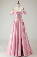 Load image into Gallery viewer, Sparkly Purple A Line Beaded Satin Long Corset Prom Dress with Slit