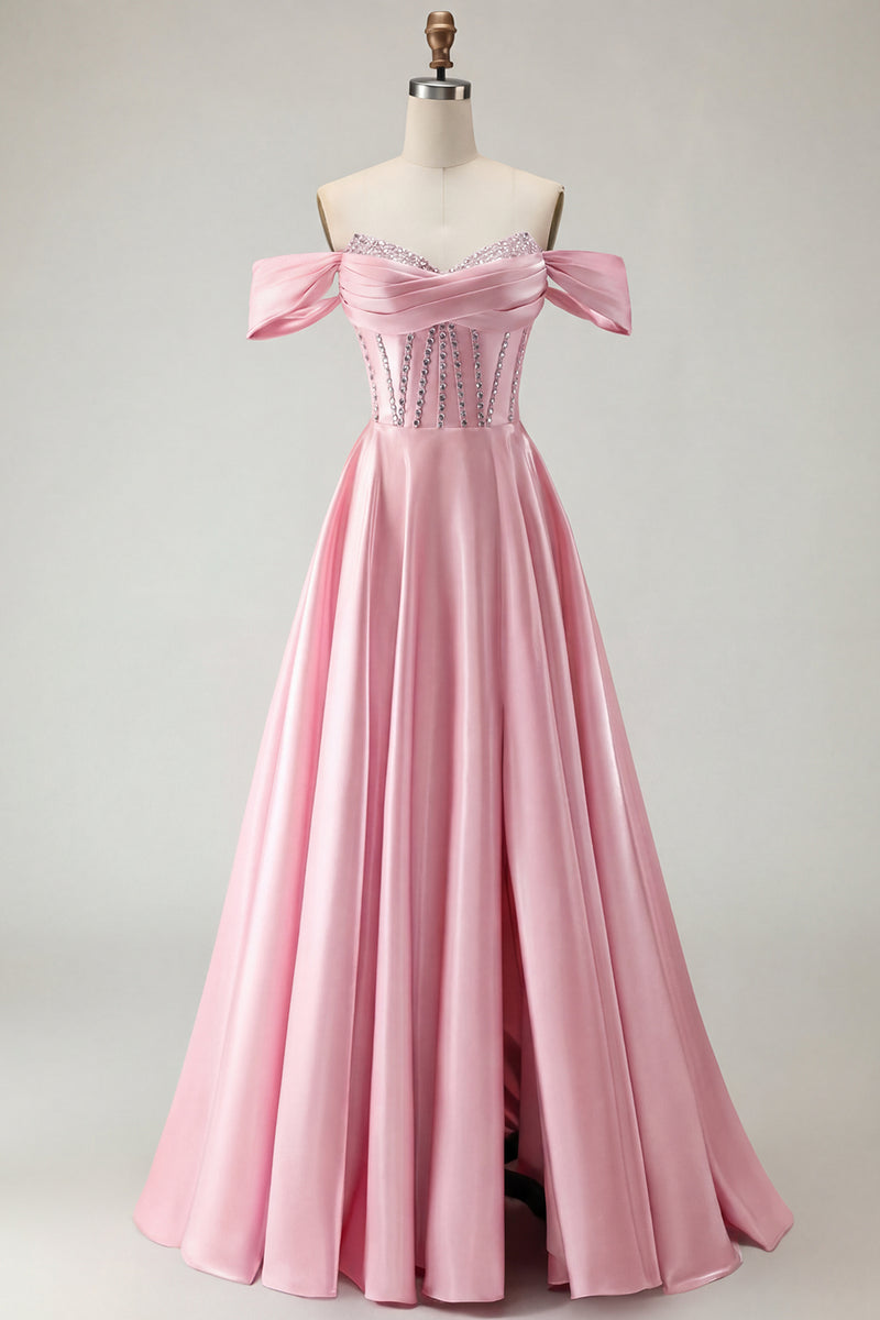 Load image into Gallery viewer, Sparkly Purple A Line Beaded Satin Long Corset Prom Dress with Slit