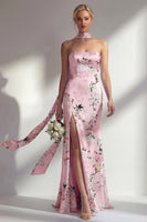 Load image into Gallery viewer, Pink Floral Strapless Sheath Neck Scarf Long Wedding Guest Dress with Slit