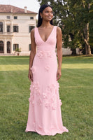 Load image into Gallery viewer, Sheath Hot Pink Floral V-Neck Long Formal Dress