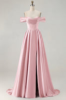 Load image into Gallery viewer, Blue A Line Off the Shoulder Satin Long Prom Dress with Slit