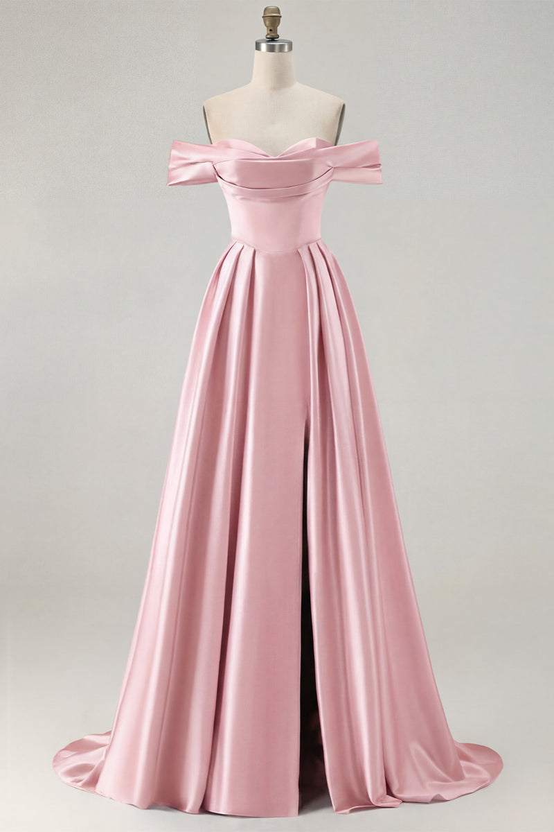Load image into Gallery viewer, Blue A Line Off the Shoulder Satin Long Prom Dress with Slit