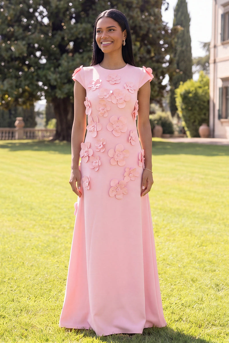 Load image into Gallery viewer, Black Floral A Line Round Neck Long Formal Dress with Sleeves
