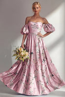 Load image into Gallery viewer, Puff Sleeves Pink Floral Strapless A Line Ruched Long Wedding Guest Dress