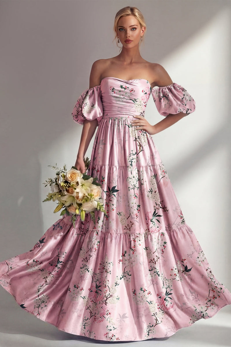Load image into Gallery viewer, Puff Sleeves Pink Floral Strapless A Line Ruched Long Wedding Guest Dress
