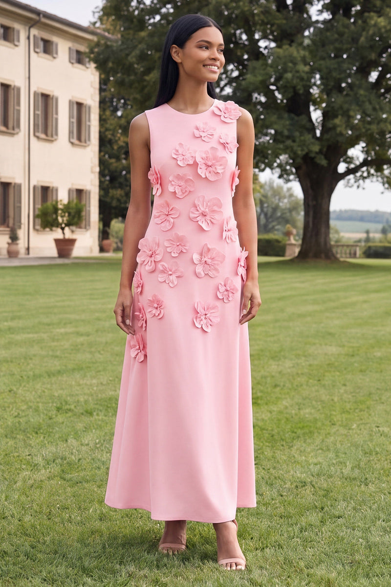 Load image into Gallery viewer, Hot Pink A Line Floral Round Neck Maxi Formal Dress
