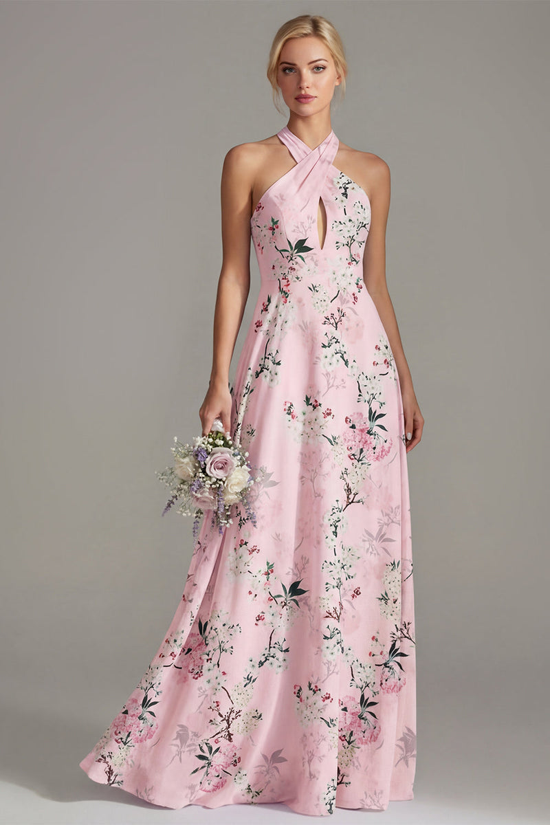 Load image into Gallery viewer, Halter Keyhole Floral Pink A Line Long Wedding Guest Dress