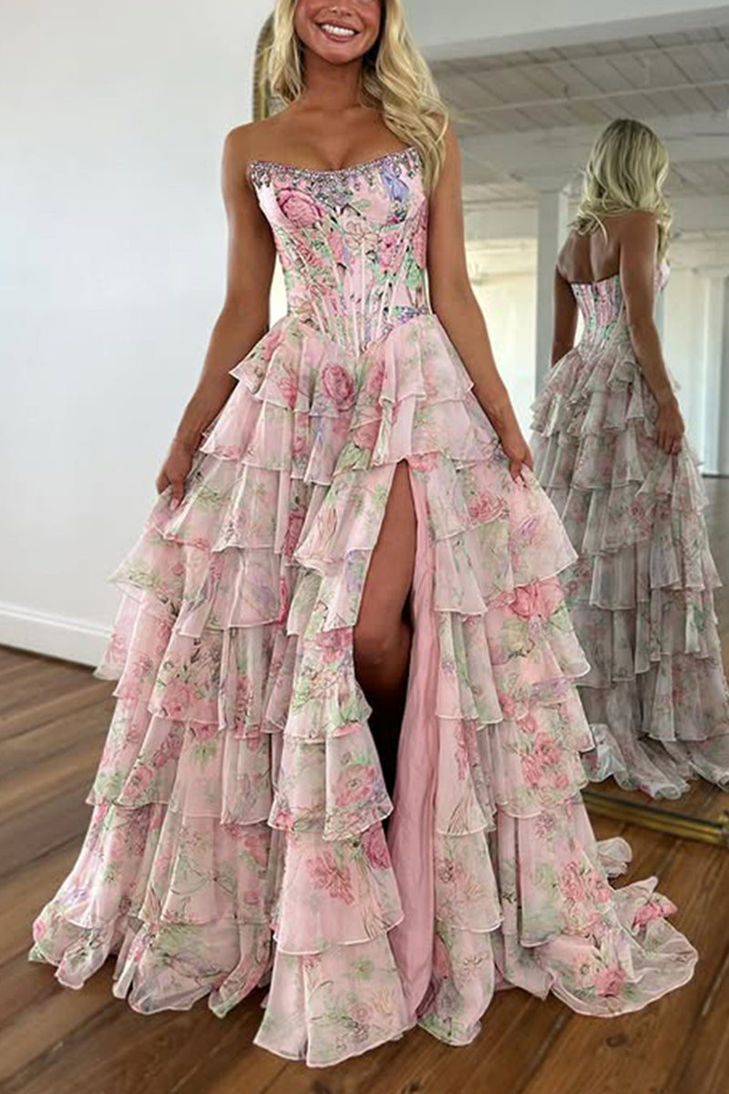 Load image into Gallery viewer, Sparkly Blue Floral Ruffled Long Corset Prom Dress with Slit