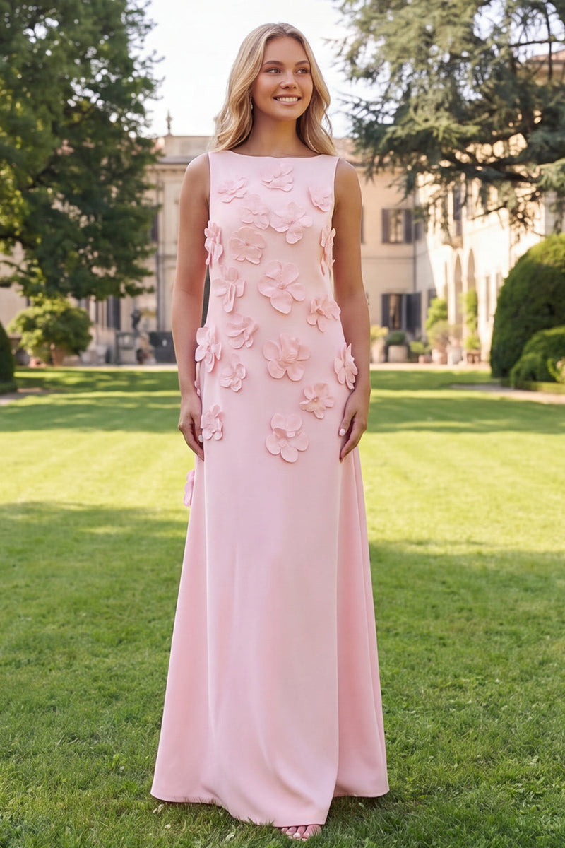 Load image into Gallery viewer, Floral Hot Pink A Line Boat Neck Long Formal Dress