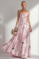 Load image into Gallery viewer, Floral Strapless Ruched Blue A Line Long Wedding Guest Dress