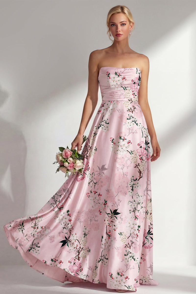 Load image into Gallery viewer, Floral Strapless Ruched Blue A Line Long Wedding Guest Dress