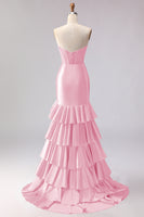 Load image into Gallery viewer, Red Satin Ruffled Mermaid Long Corset Prom Dress with Slit