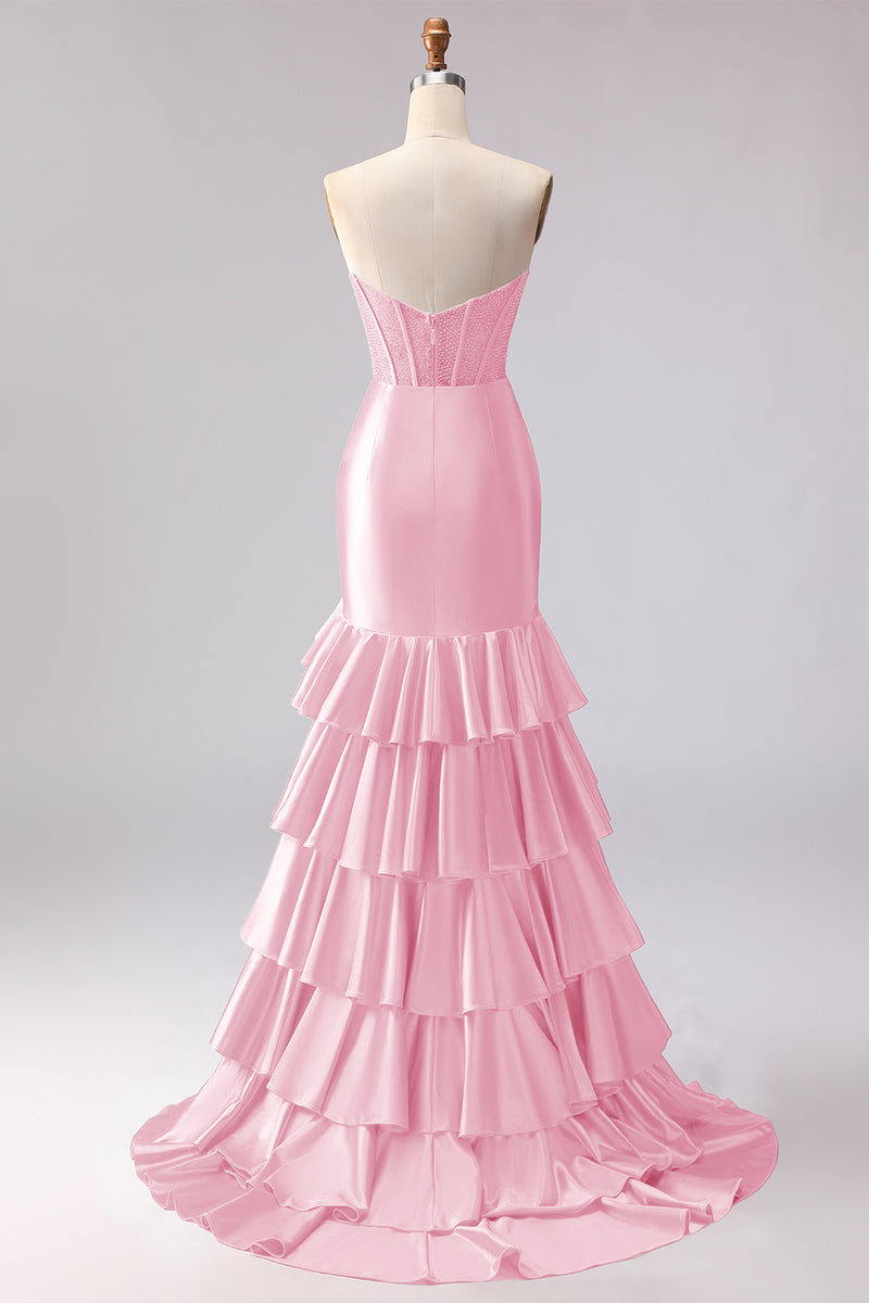 Load image into Gallery viewer, Red Satin Ruffled Mermaid Long Corset Prom Dress with Slit