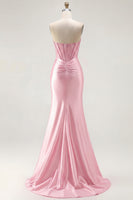 Load image into Gallery viewer, Sparkly Red Mermaid Satin Beaded Long Corset Prom Dress with Slit