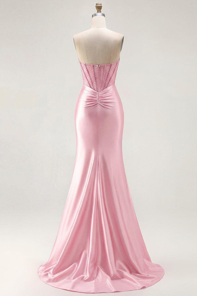 Load image into Gallery viewer, Sparkly Red Mermaid Satin Beaded Long Corset Prom Dress with Slit
