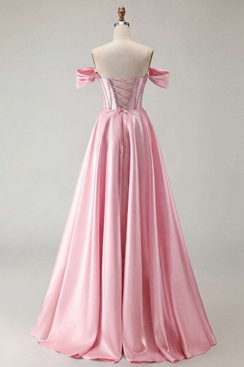 Load image into Gallery viewer, Sparkly Purple A Line Beaded Satin Long Corset Prom Dress with Slit