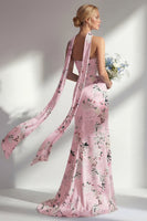 Load image into Gallery viewer, Pink Floral Strapless Sheath Neck Scarf Long Wedding Guest Dress with Slit