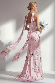 Pink Floral Strapless Sheath Neck Scarf Long Wedding Guest Dress with Slit