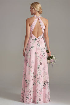 Halter Keyhole Floral Pink A Line Long Wedding Guest Dress
