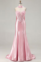 Load image into Gallery viewer, Blue Satin Sweetheart Mermaid Long Corset Prom Dress