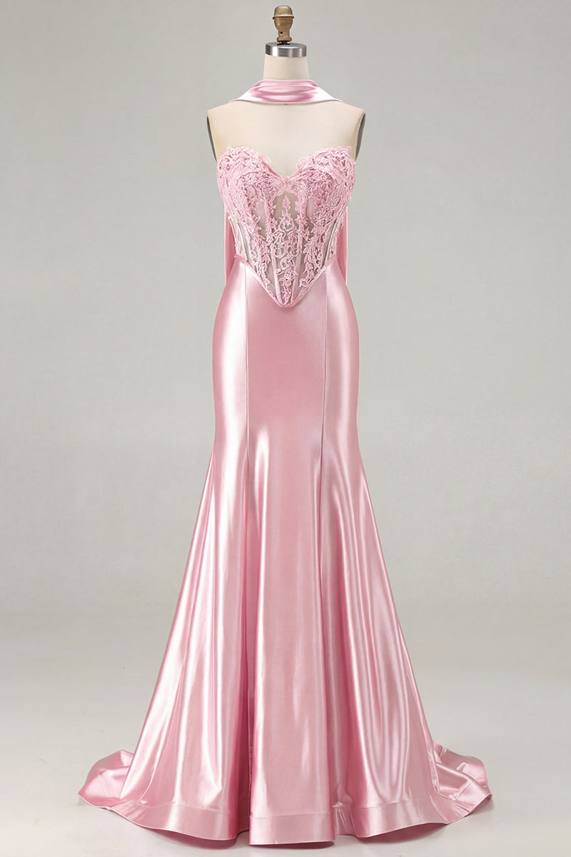 Load image into Gallery viewer, Blue Satin Sweetheart Mermaid Long Corset Prom Dress