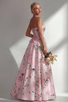Load image into Gallery viewer, Floral Strapless Ruched Blue A Line Long Wedding Guest Dress