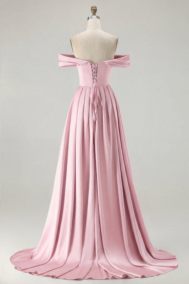 Load image into Gallery viewer, Blue A Line Off the Shoulder Satin Long Prom Dress with Slit