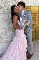 Load image into Gallery viewer, Sparkly Lilac Appliques Tiered Maxi Chiffon Prom Dress with Slit